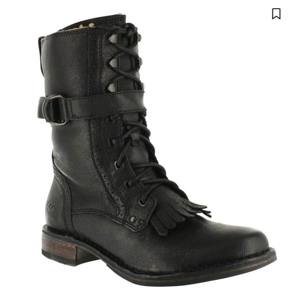 UGG Black Leather Lace Up Combat Boots Kiltie Fringe Buckle Strap Women's 10